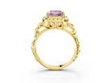 Yellow gold Fancy Pink Princess  Cut Halo Diamond Ring with Scrollwork Band and Four-Prong Setting_3