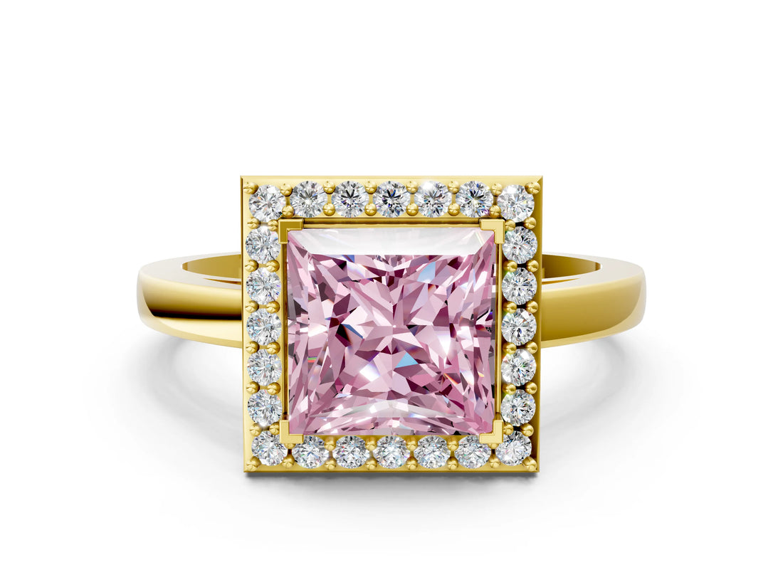 Yellow gold Fancy Pink Princess Cut Halo Diamond Ring with Solitaire Band and Prong Setting