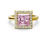 Yellow gold Fancy Pink Princess Cut Halo Diamond Ring with Solitaire Band and Prong Setting