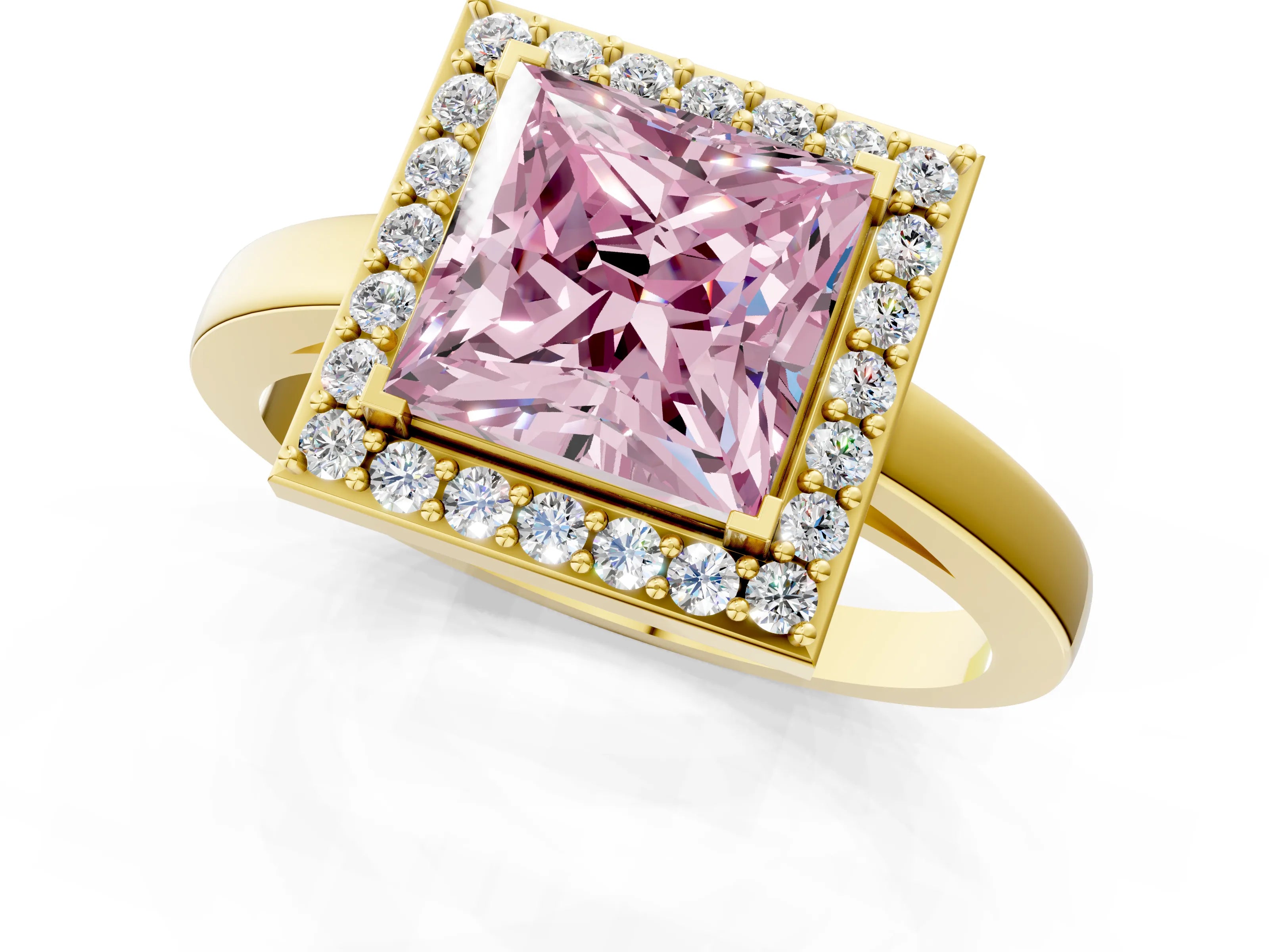 Yellow gold Fancy Pink Princess Cut Halo Diamond Ring with Solitaire Band and Prong Setting_1