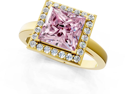 Yellow gold Fancy Pink Princess Cut Halo Diamond Ring with Solitaire Band and Prong Setting_1