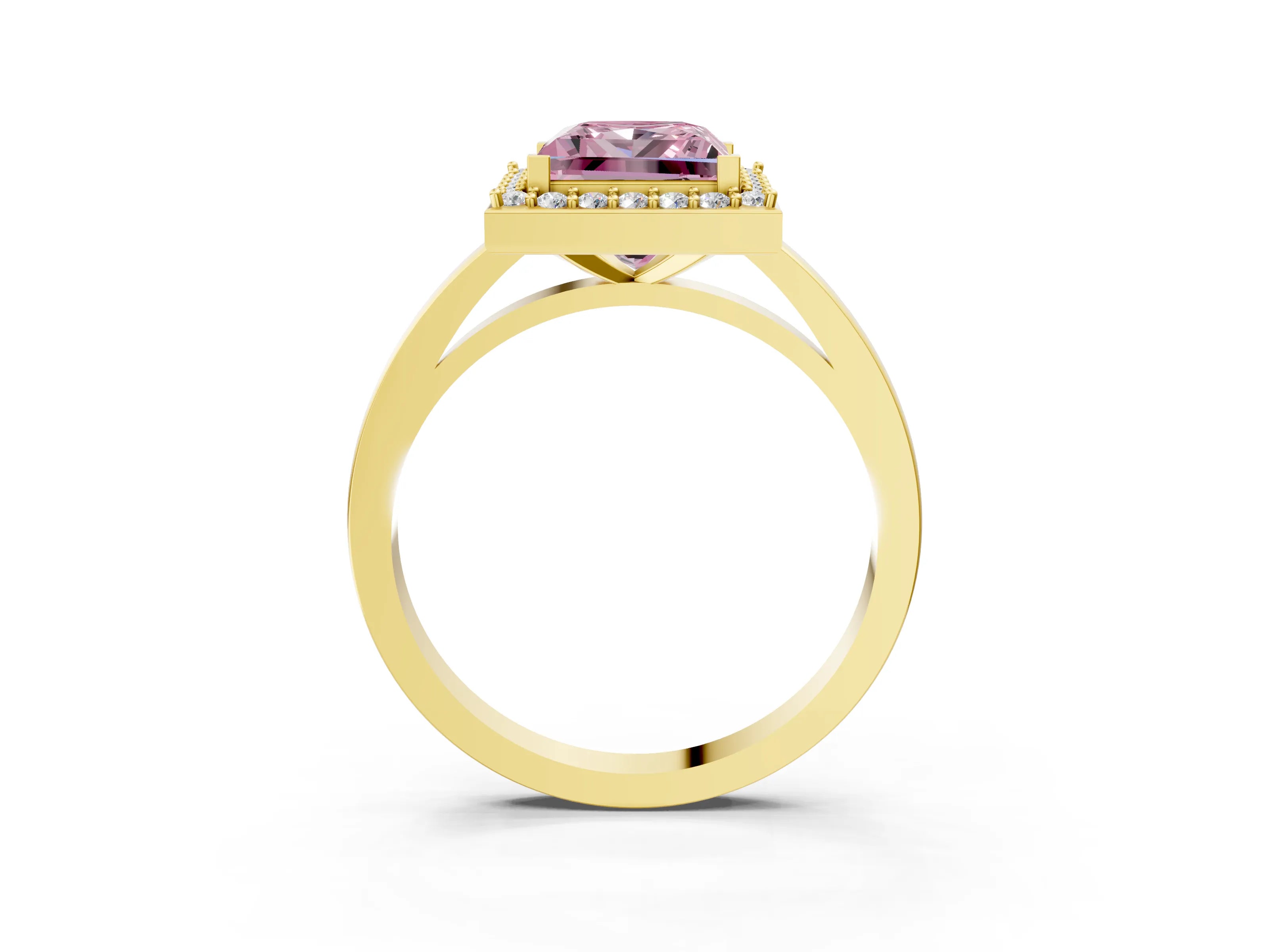 Yellow gold Fancy Pink Princess Cut Halo Diamond Ring with Solitaire Band and Prong Setting_3