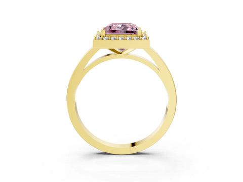 Yellow gold Fancy Pink Princess Cut Halo Diamond Ring with Solitaire Band and Prong Setting_3