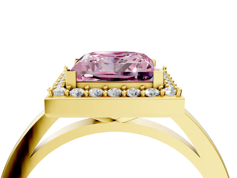 Yellow gold Fancy Pink Princess Cut Halo Diamond Ring with Solitaire Band and Prong Setting_4