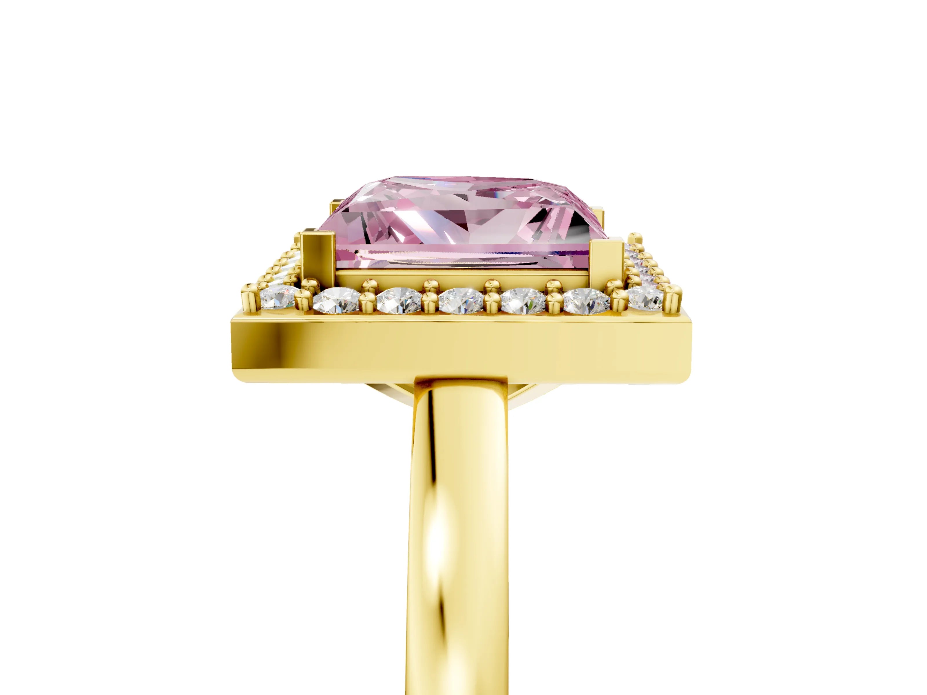 Yellow gold Fancy Pink Princess Cut Halo Diamond Ring with Solitaire Band and Prong Setting_5