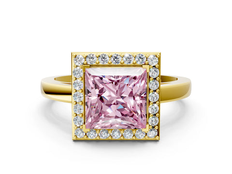 Yellow gold Fancy Pink Princess Cut Halo Diamond Ring with Solitaire Band and Prong Setting