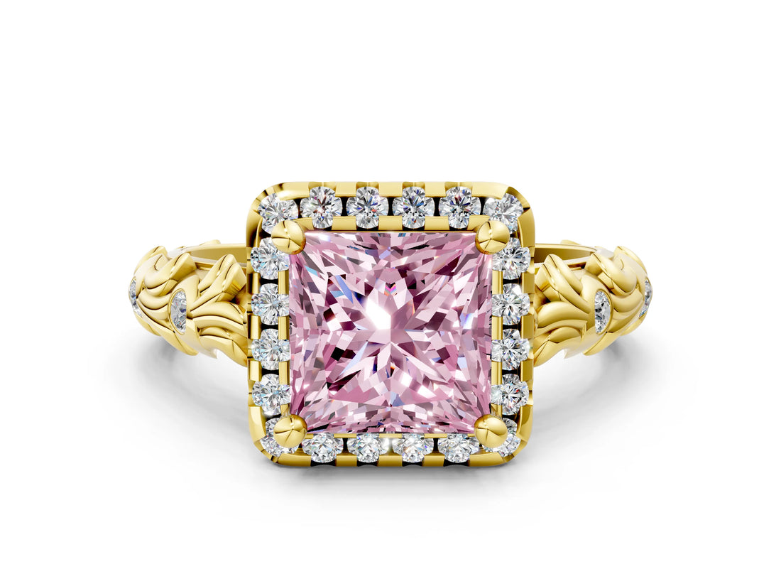 Yellow gold Fancy Pink Princess Cut Halo Diamond Solitaire with Filigree Band and Four-Prong Setting_12