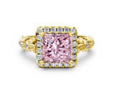 Yellow gold Fancy Pink Princess Cut Halo Diamond Solitaire with Filigree Band and Four-Prong Setting_12