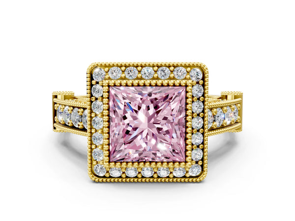 Yellow Gold Princess Cut Vintage Bezel Halo Engagement Ring Setting for Fancy Pink Center
