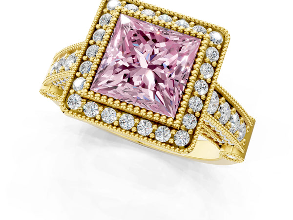 Yellow Gold Princess Cut Vintage Bezel Halo Engagement Ring Setting for Fancy Pink Center
