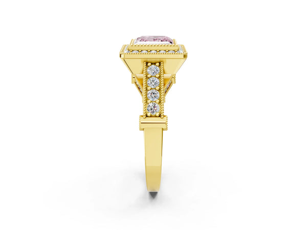 Yellow Gold Princess Cut Vintage Bezel Halo Engagement Ring Setting for Fancy Pink Center