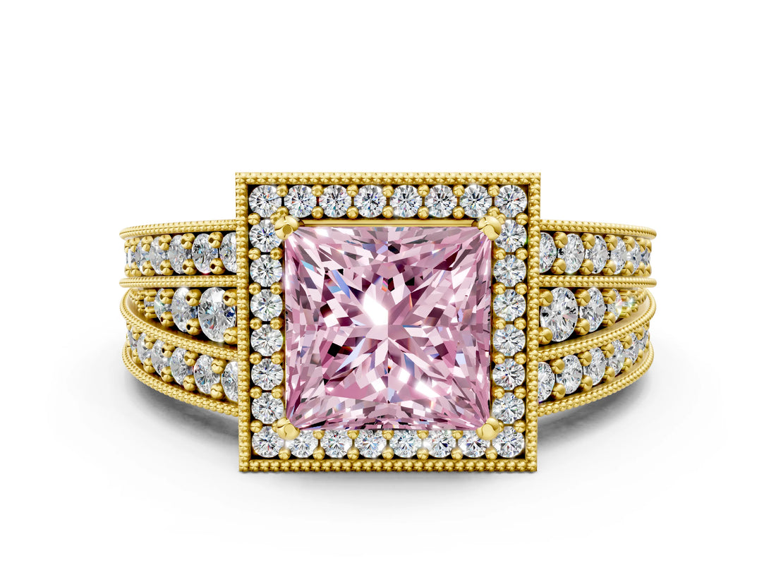 Yellow gold Fancy Pink Princess Cut Halo Diamond Split Shank Ring with Prong Setting