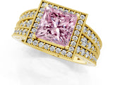 Yellow gold Fancy Pink Princess Cut Halo Diamond Split Shank Ring with Prong Setting_1