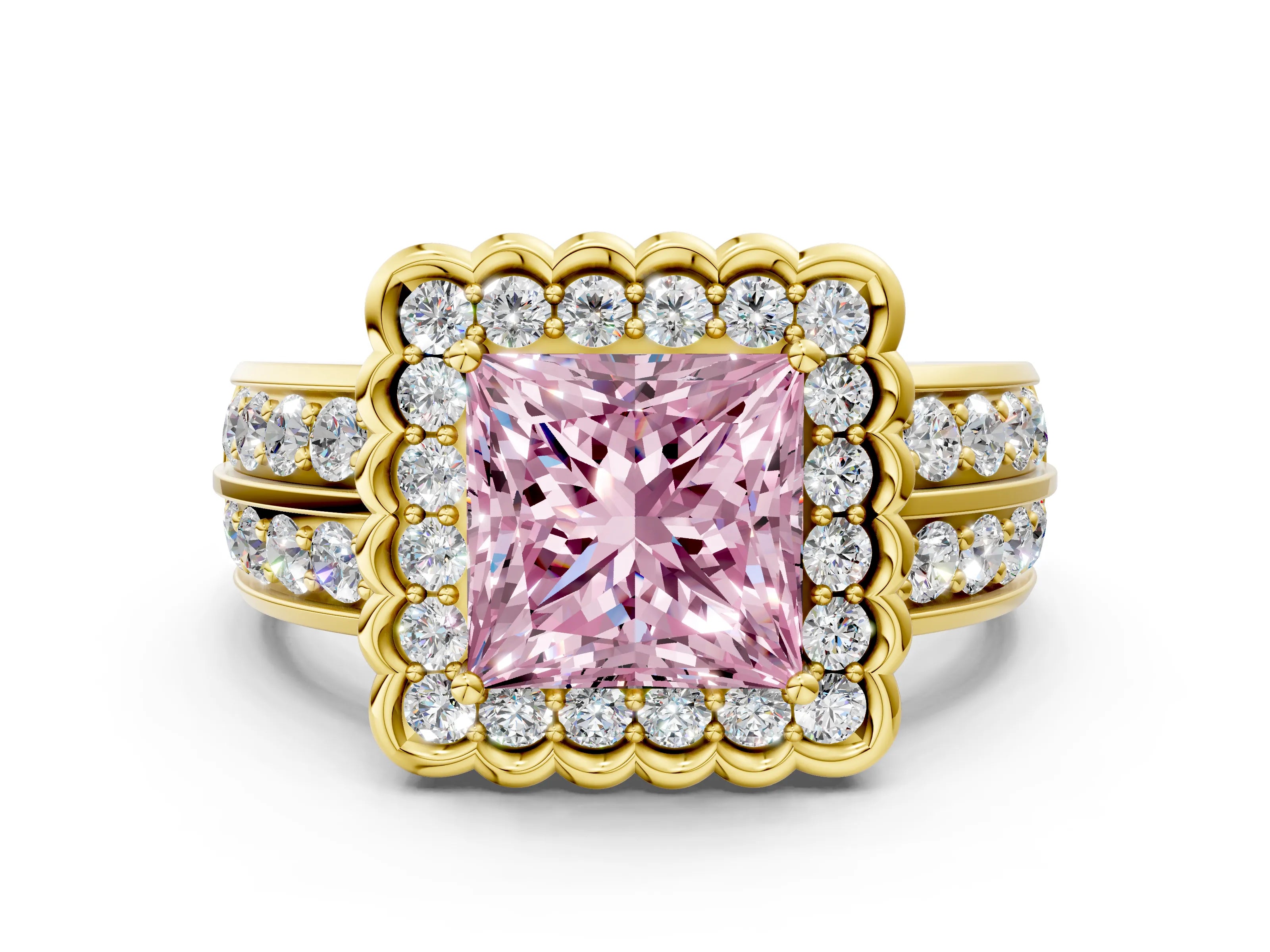 Yellow gold Fancy Pink Princess Cut Halo Diamond Split Shank Ring with Scalloped Prong Setting