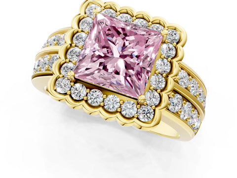 Yellow gold Fancy Pink Princess Cut Halo Diamond Split Shank Ring with Scalloped Prong Setting_1