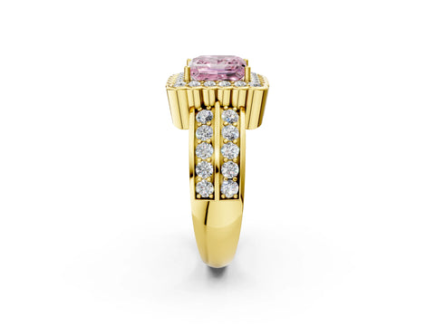 Yellow gold Fancy Pink Princess Cut Halo Diamond Split Shank Ring with Scalloped Prong Setting_2