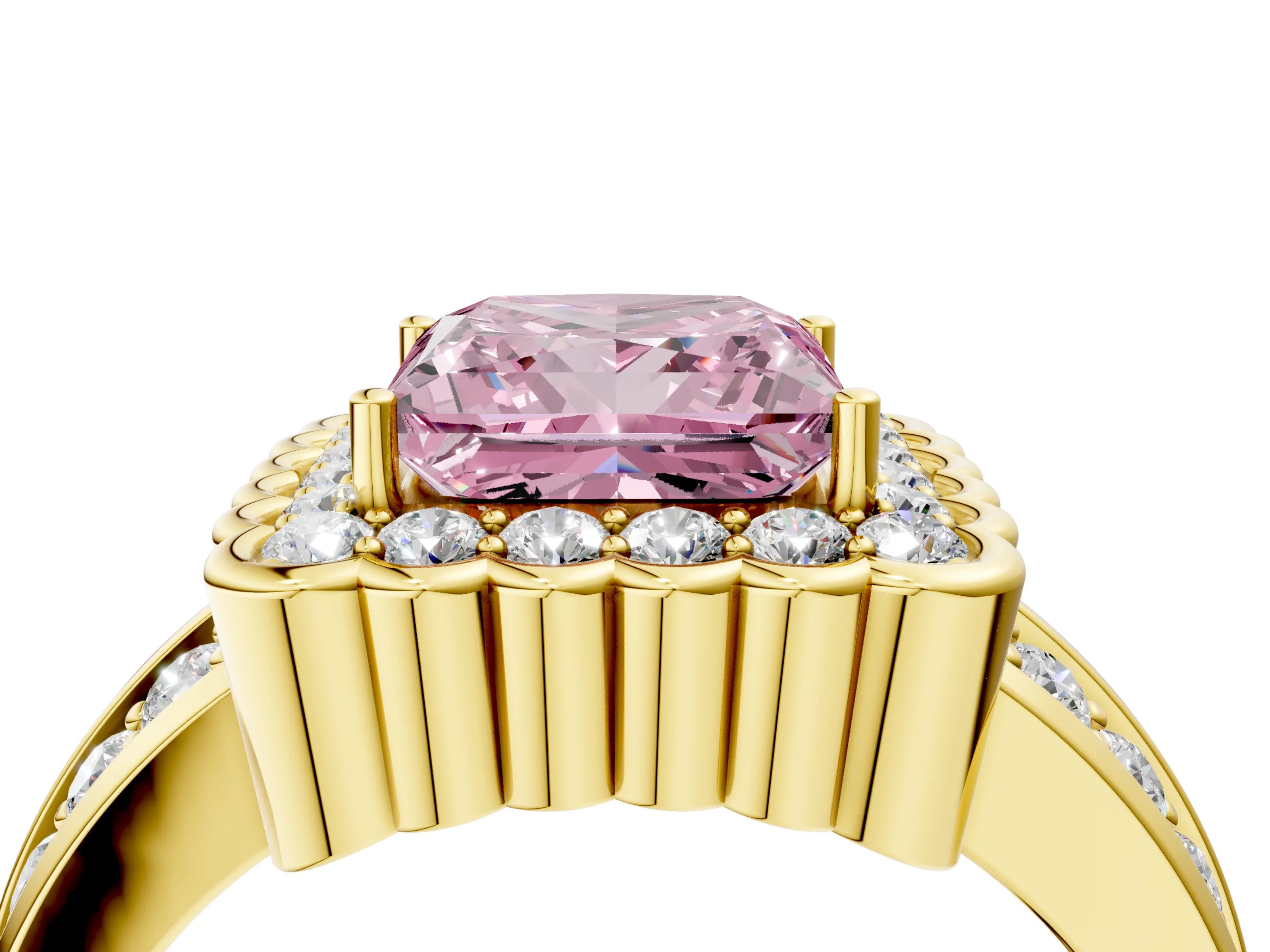 Yellow gold Fancy Pink Princess Cut Halo Diamond Split Shank Ring with Scalloped Prong Setting_4