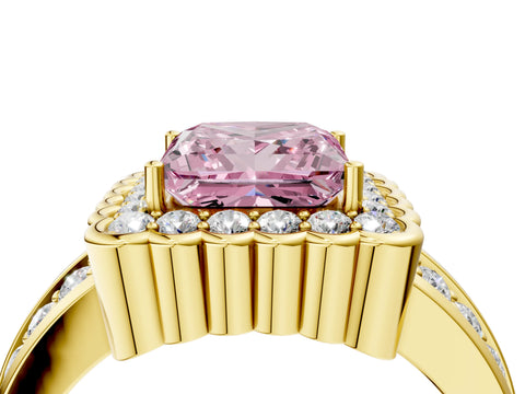 Yellow gold Fancy Pink Princess Cut Halo Diamond Split Shank Ring with Scalloped Prong Setting_4