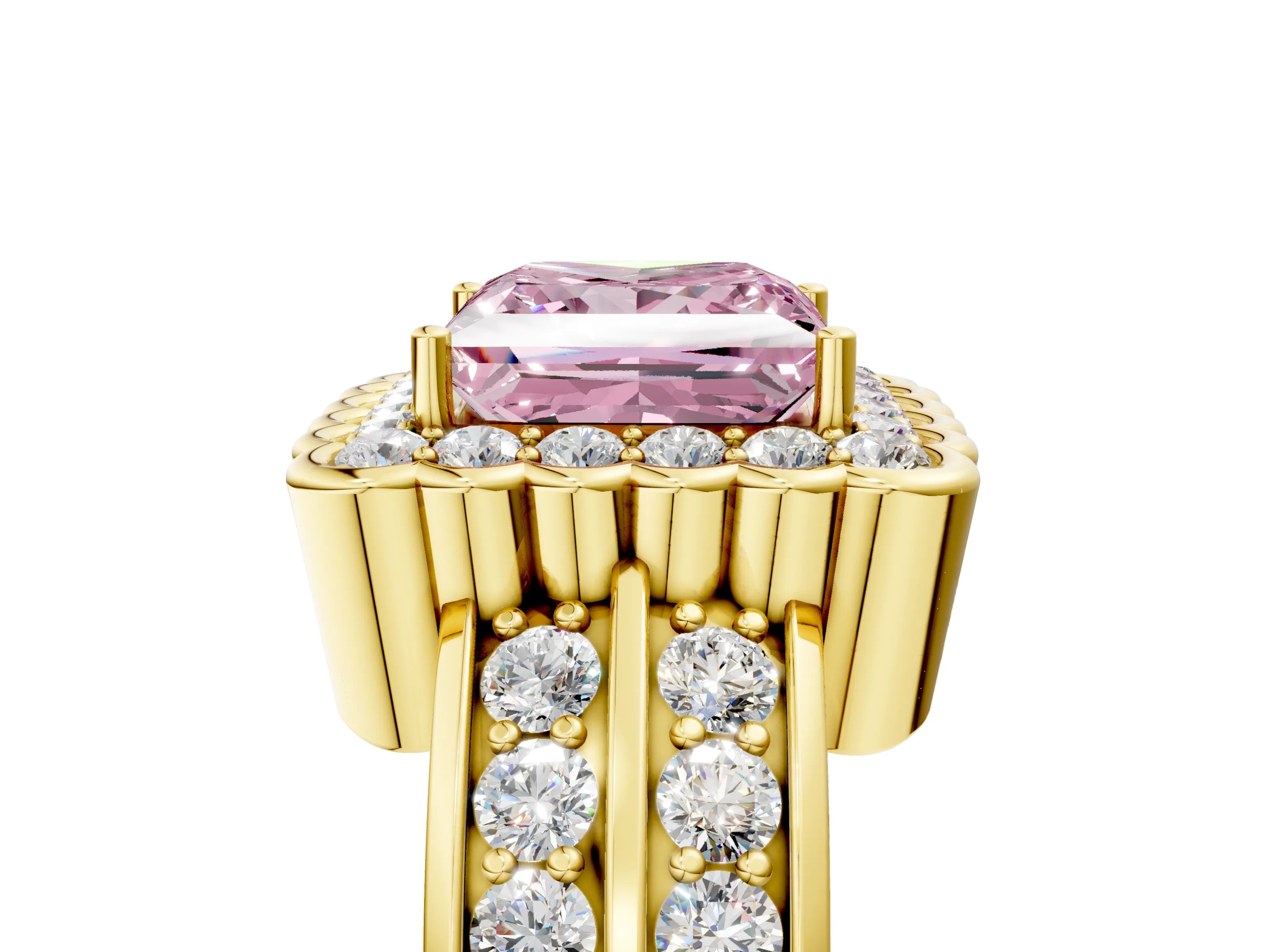 Yellow gold Fancy Pink Princess Cut Halo Diamond Split Shank Ring with Scalloped Prong Setting_5
