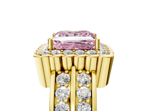 Yellow gold Fancy Pink Princess Cut Halo Diamond Split Shank Ring with Scalloped Prong Setting_5