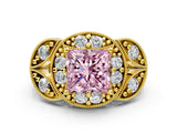 Yellow gold Fancy Pink Princess Cut Halo Milgrain Diamond Engagement Ring with Leaf Band and Four-Prong Setting