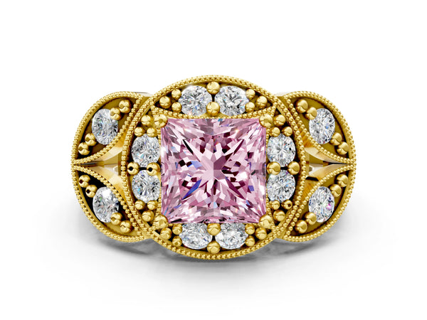 Yellow gold Fancy Pink Princess Cut Halo Milgrain Diamond Engagement Ring with Leaf Band and Four-Prong Setting