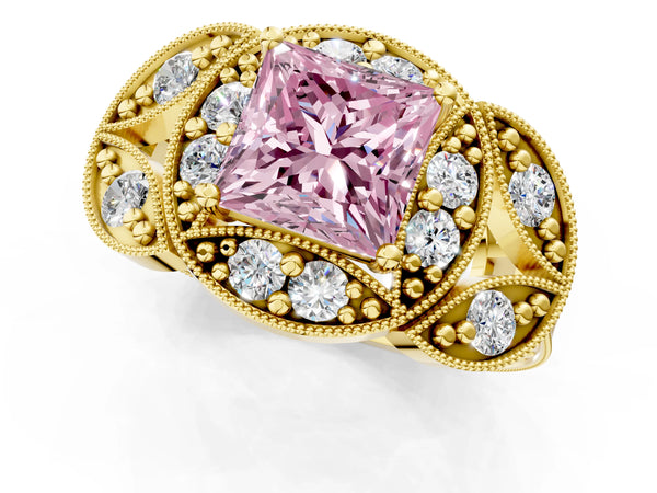 Yellow gold Fancy Pink Princess Cut Halo Milgrain Diamond Engagement Ring with Leaf Band and Four-Prong Setting