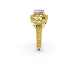 Yellow gold Fancy Pink Princess Cut Halo Milgrain Diamond Engagement Ring with Leaf Band and Four-Prong Setting_2