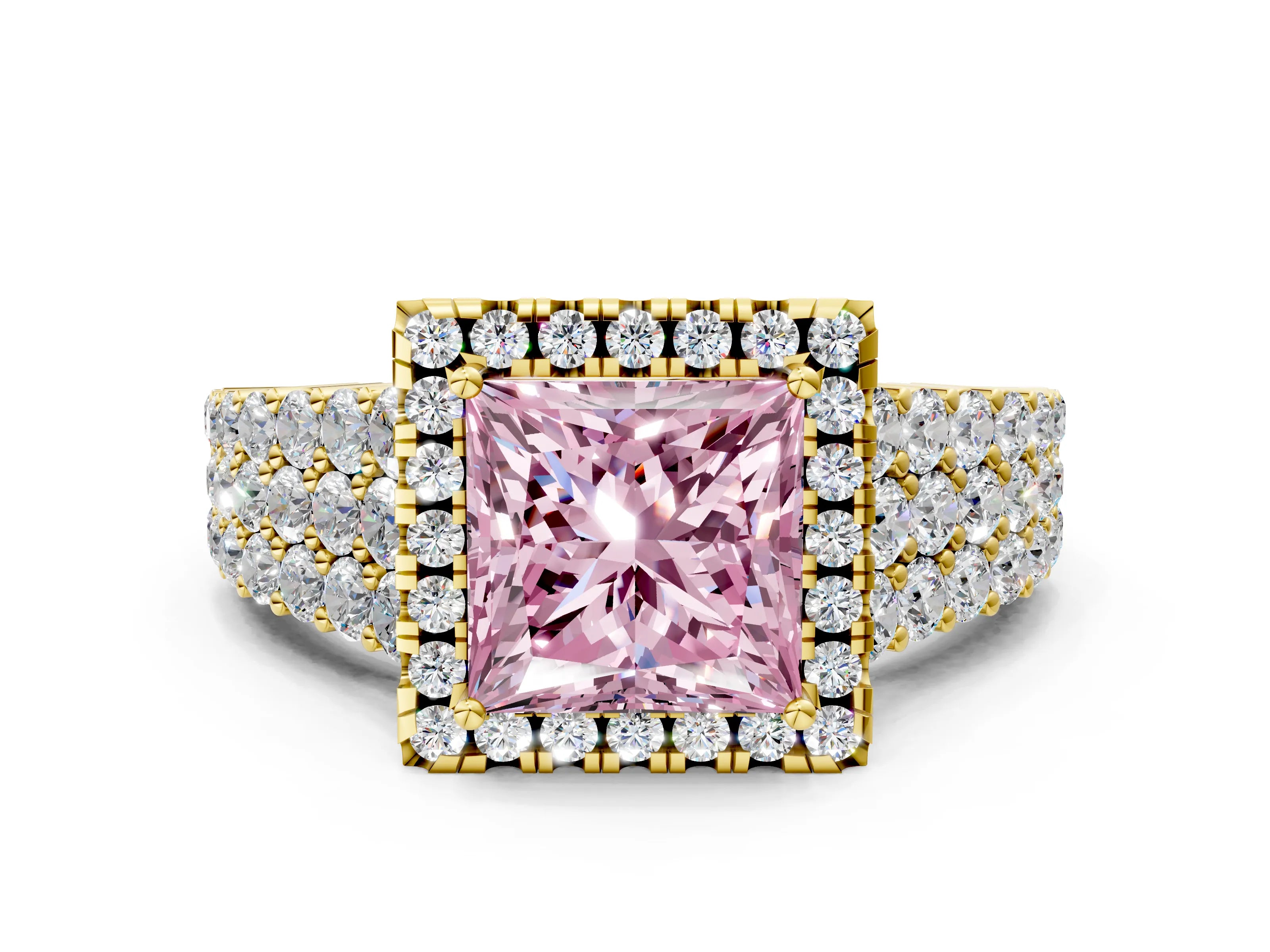 Yellow gold Fancy Pink Princess Cut Halo Pavé Diamond Engagement Ring with Split Shank and Four-Prong Setting_3