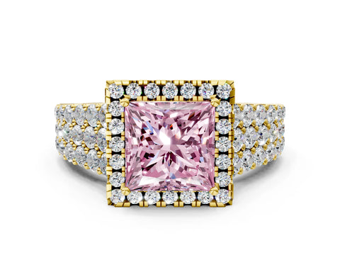 Yellow gold Fancy Pink Princess Cut Halo Pavé Diamond Engagement Ring with Split Shank and Four-Prong Setting_3