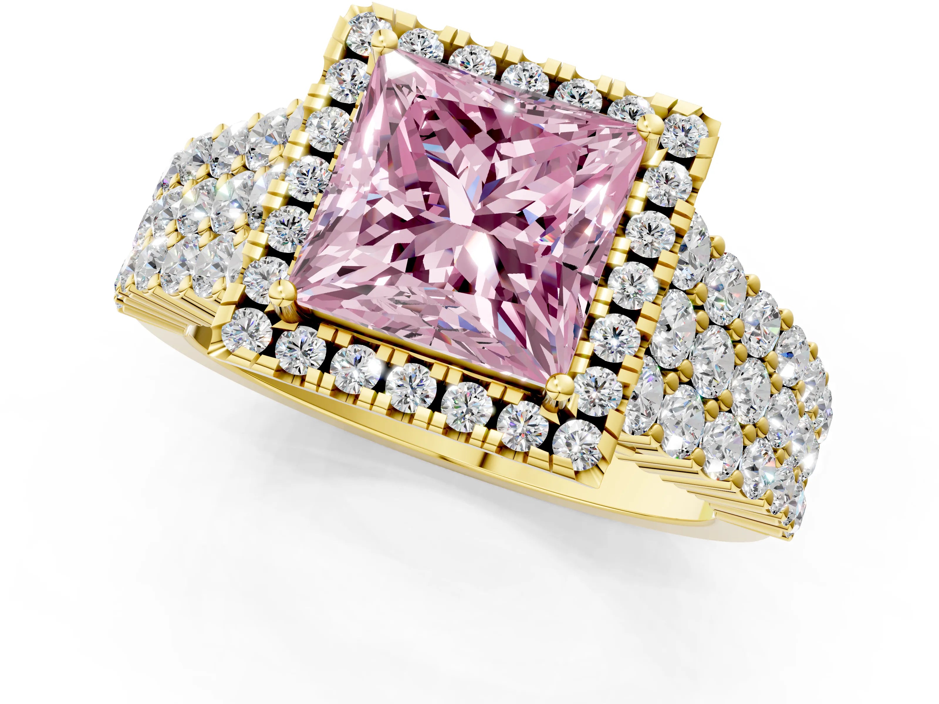 Yellow gold Fancy Pink Princess Cut Halo Pavé Diamond Engagement Ring with Split Shank and Four-Prong Setting_4