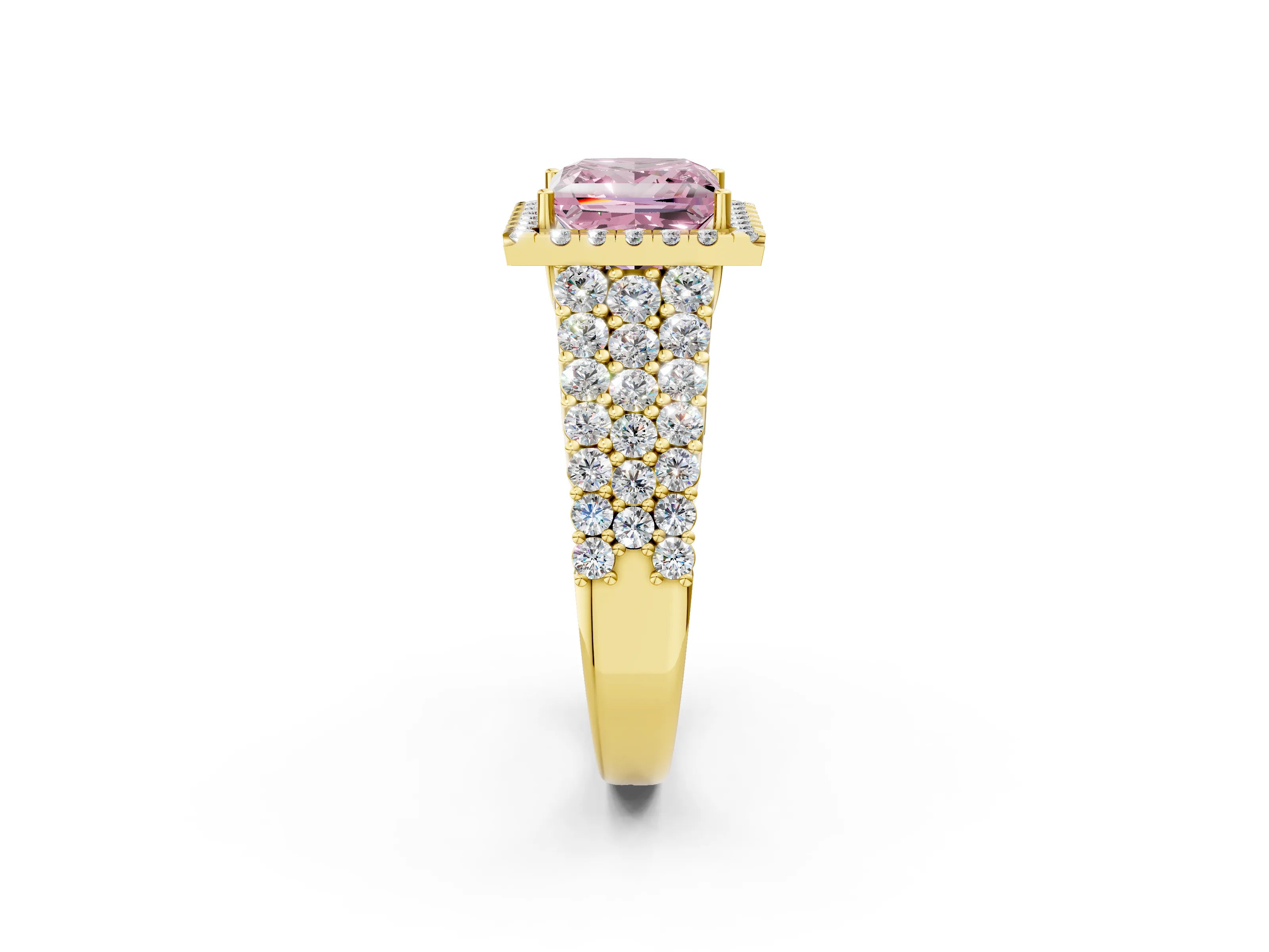 Yellow gold Fancy Pink Princess Cut Halo Pavé Diamond Engagement Ring with Split Shank and Four-Prong Setting_5