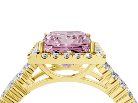 Yellow gold Fancy Pink Princess Cut Halo Pavé Diamond Engagement Ring with Split Shank and Four-Prong Setting_7