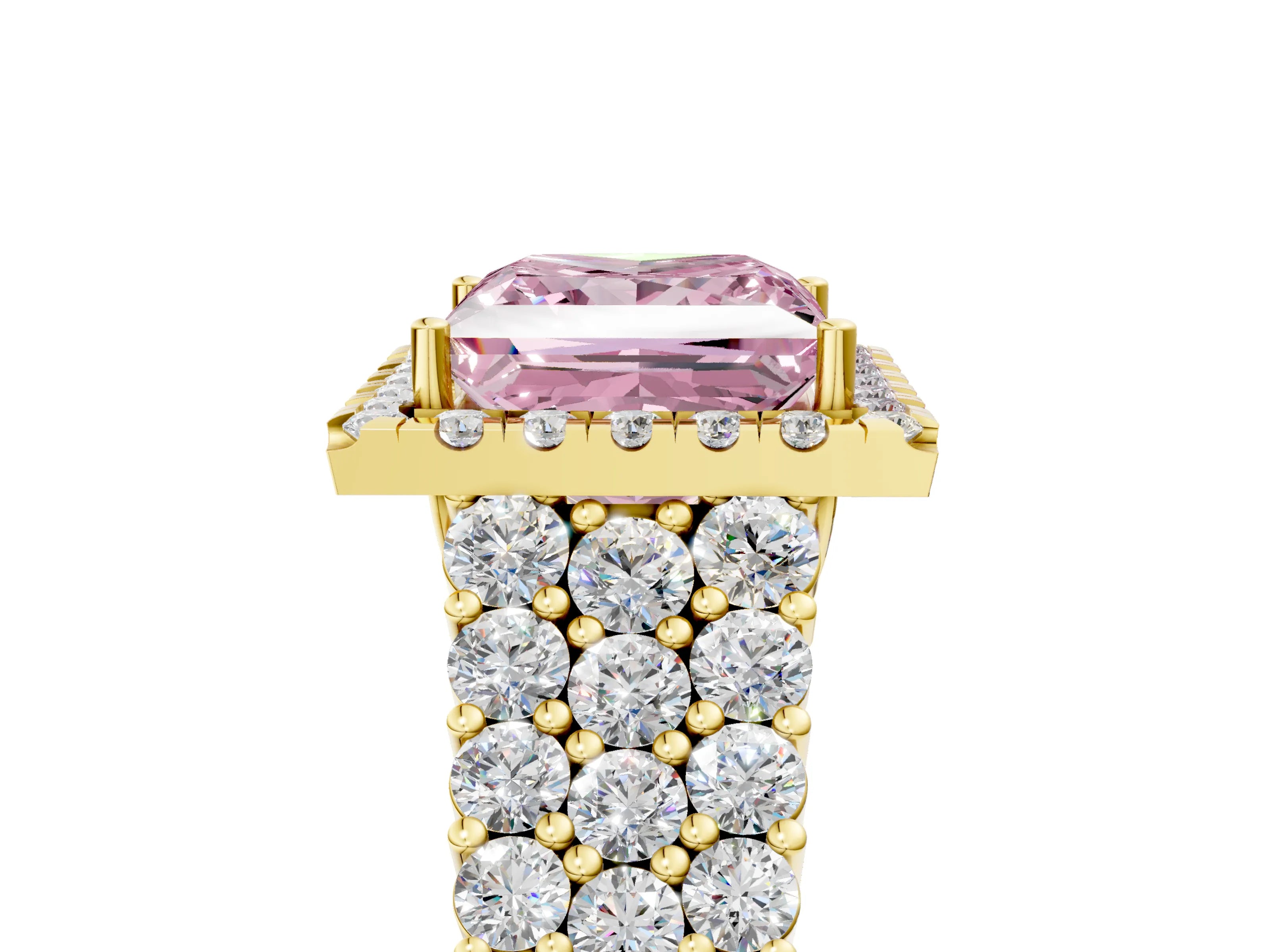 Yellow gold Fancy Pink Princess Cut Halo Pavé Diamond Engagement Ring with Split Shank and Four-Prong Setting_8