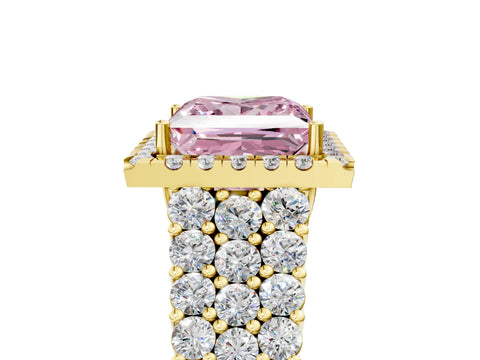 Yellow gold Fancy Pink Princess Cut Halo Pavé Diamond Engagement Ring with Split Shank and Four-Prong Setting_8