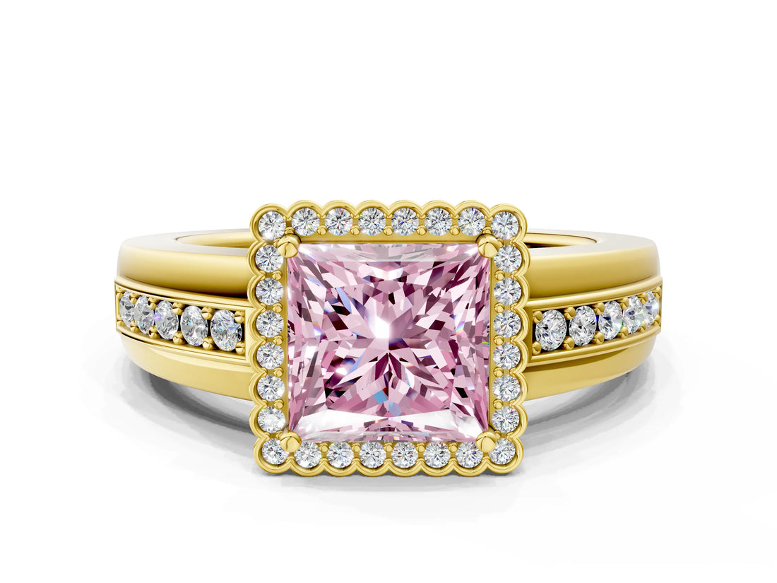 Yellow gold Fancy Pink Princess  Cut Halo Pave Band Four-Prong Ring_29