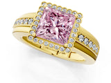 Yellow gold Fancy Pink Princess  Cut Halo Pave Band Four-Prong Ring_30