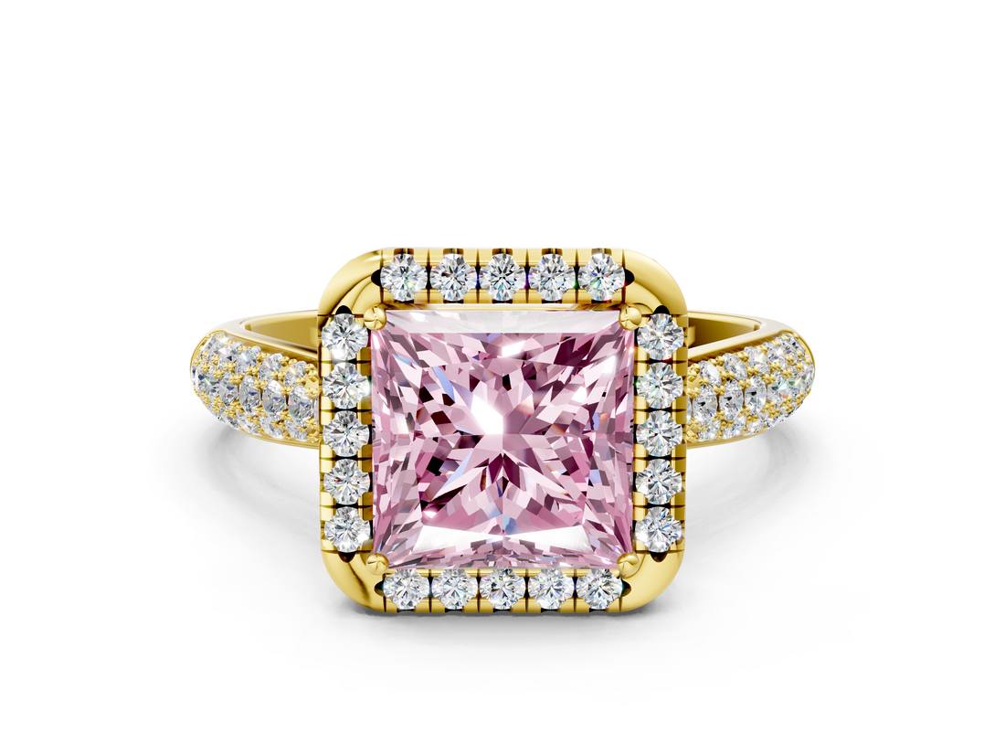 Yellow gold Fancy Pink Princess  Cut Halo Pave Band Four-Prong Setting Ring