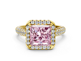 Yellow gold Fancy Pink Princess  Cut Halo Pave Band Four-Prong Setting Ring