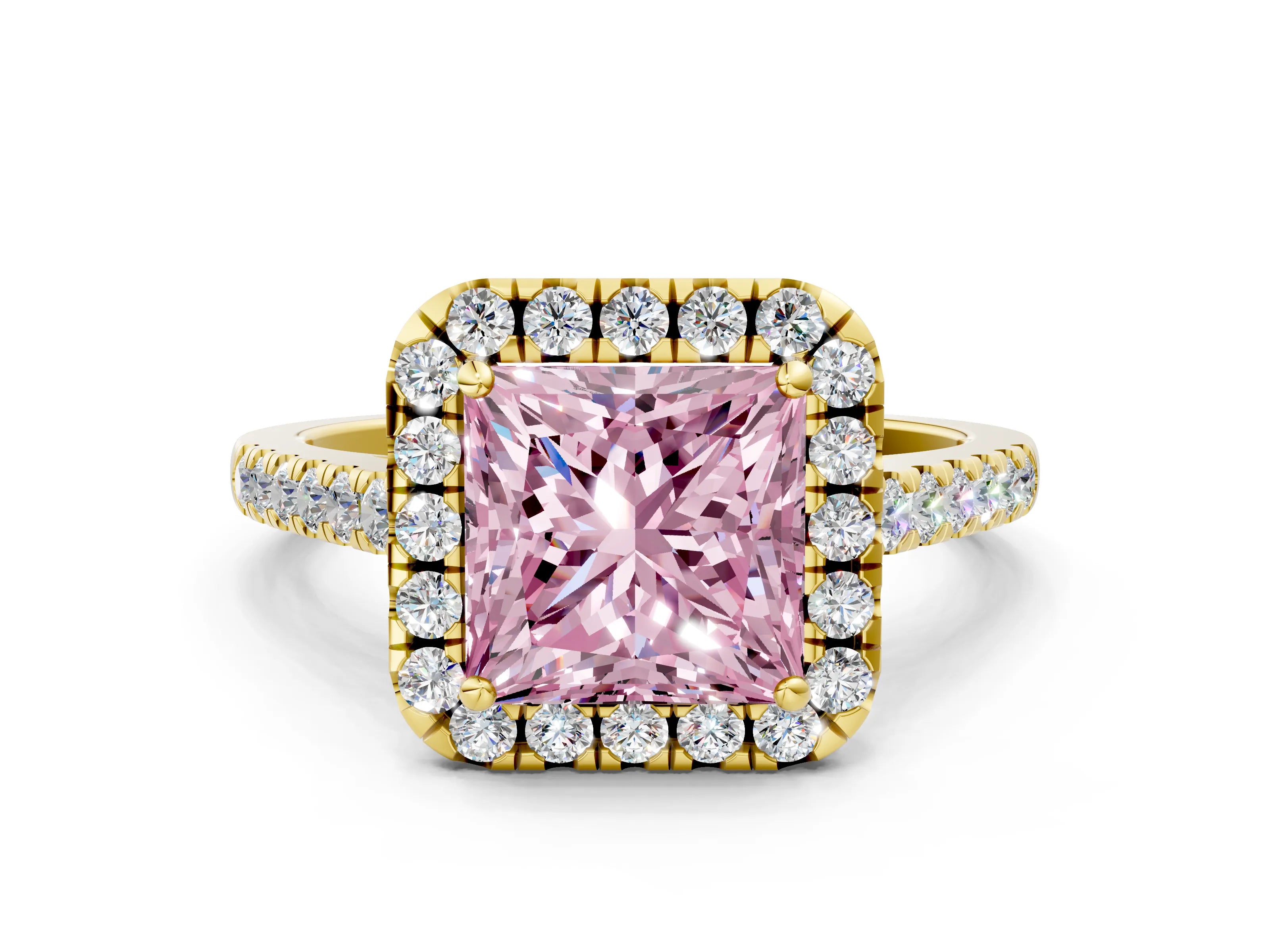 Yellow gold Fancy Pink Princess Cut Halo Pave Diamond Engagement Ring with Four-Prong Setting