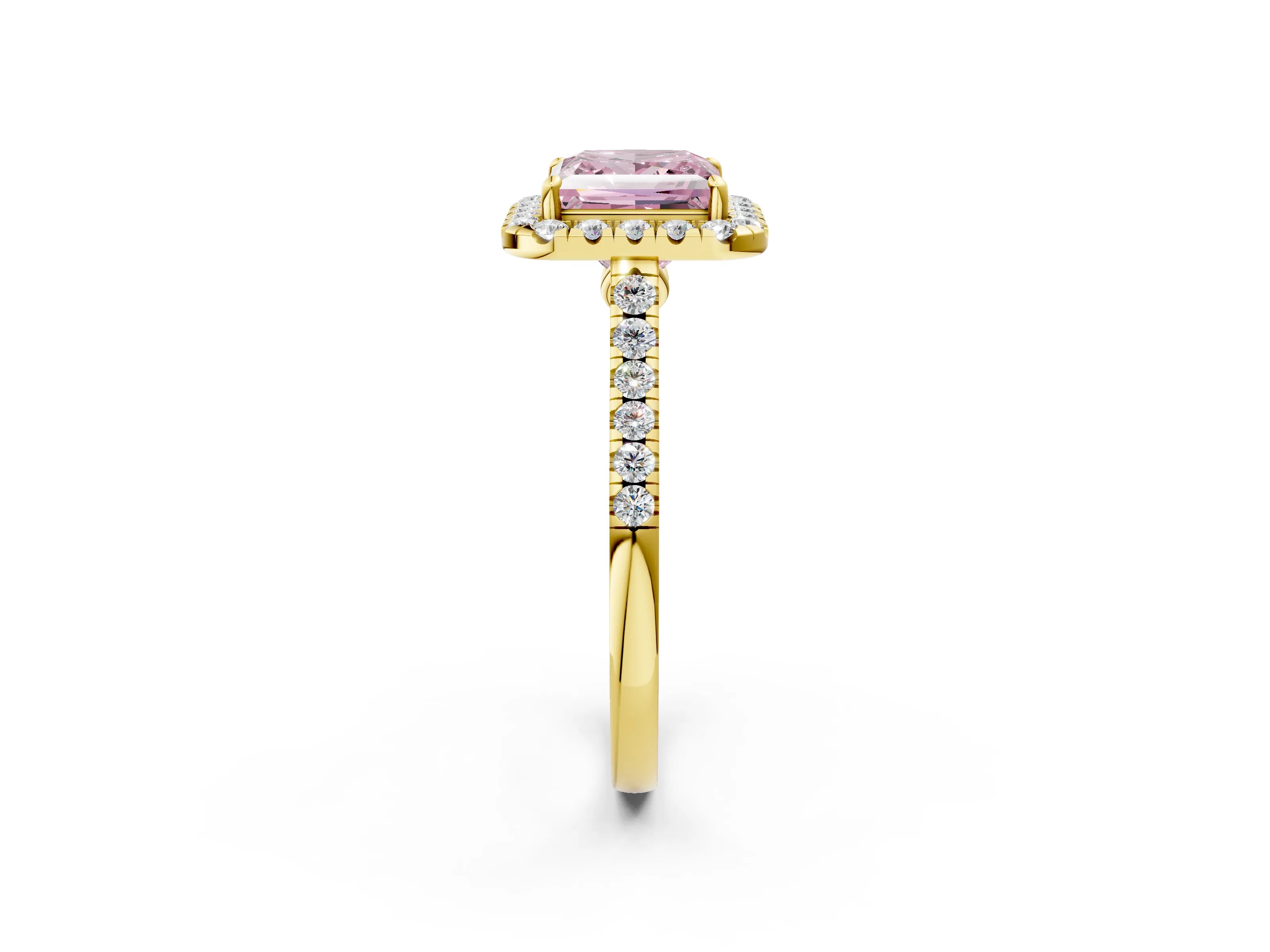 Yellow gold Fancy Pink Princess Cut Halo Pave Diamond Engagement Ring with Four-Prong Setting_2