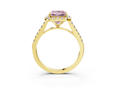 Yellow gold Fancy Pink Princess Cut Halo Pave Diamond Engagement Ring with Four-Prong Setting_3