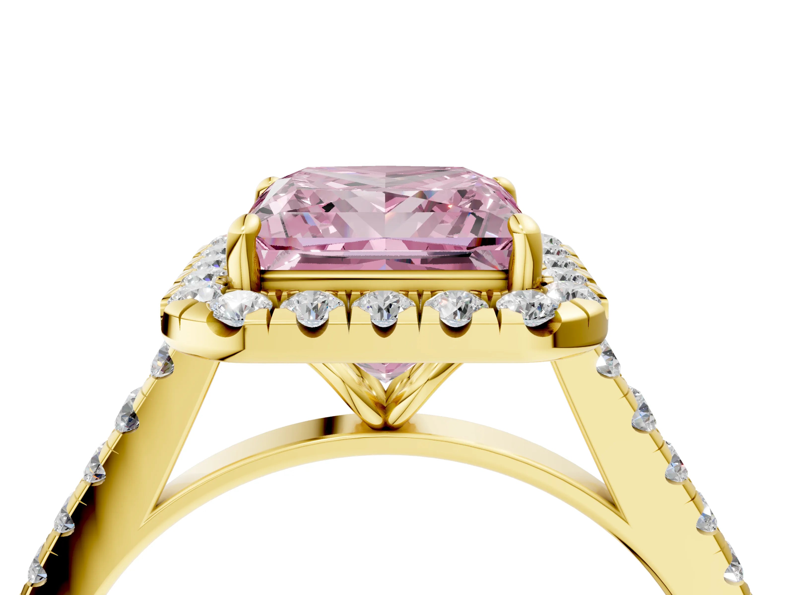 Yellow gold Fancy Pink Princess Cut Halo Pave Diamond Engagement Ring with Four-Prong Setting_4