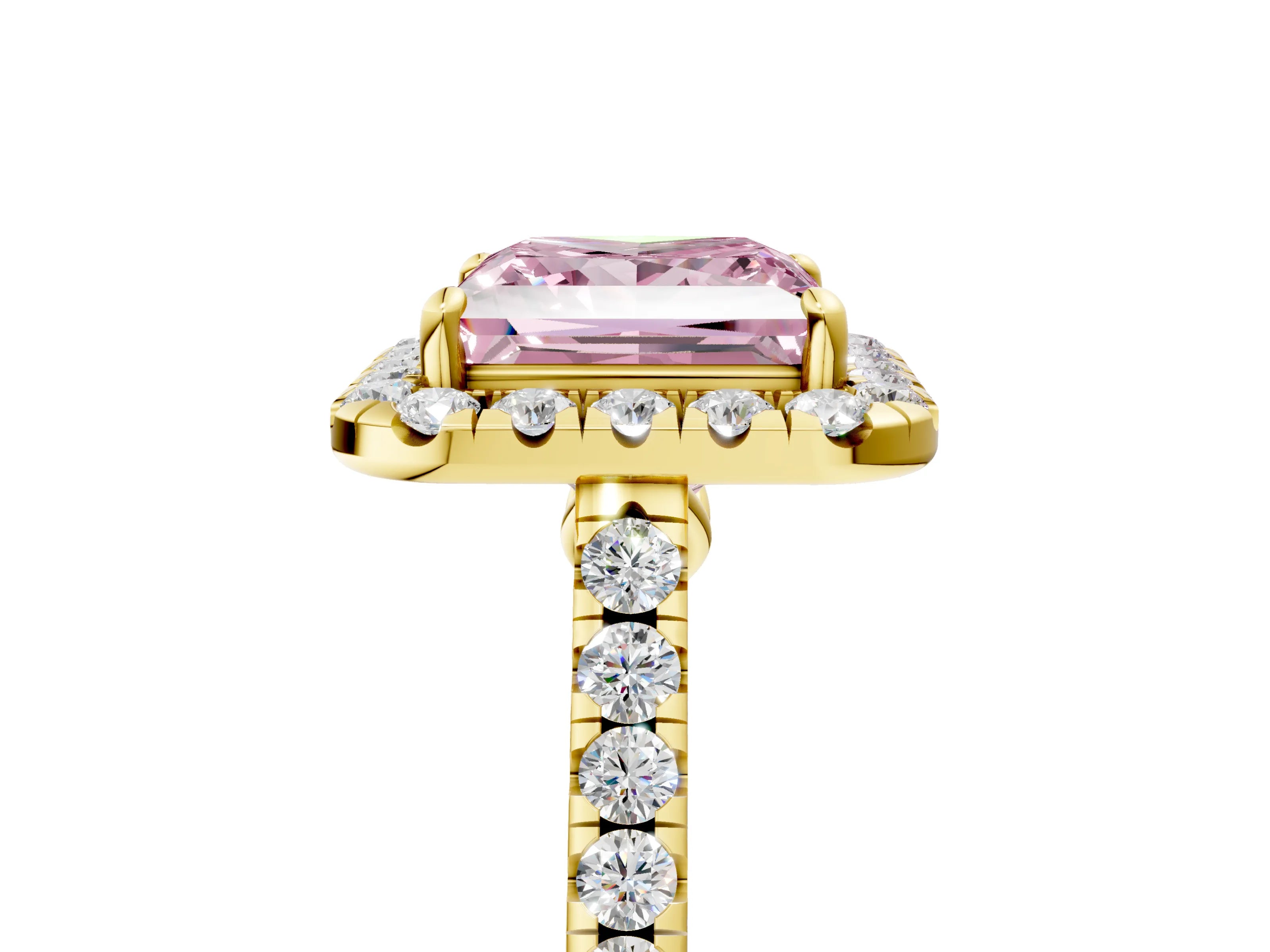 Yellow gold Fancy Pink Princess Cut Halo Pave Diamond Engagement Ring with Four-Prong Setting_5