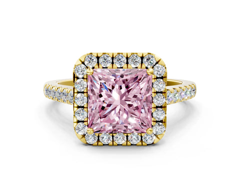 Yellow gold Fancy Pink Princess Cut Halo Pave Diamond Engagement Ring with Four-Prong Setting