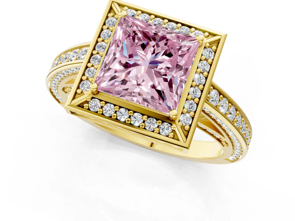 Yellow gold Fancy Pink Princess  Cut Halo Pave Split Shank Prong Setting Ring