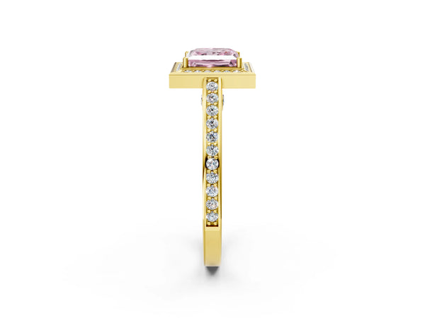 Yellow gold Fancy Pink Princess  Cut Halo Pave Split Shank Prong Setting Ring