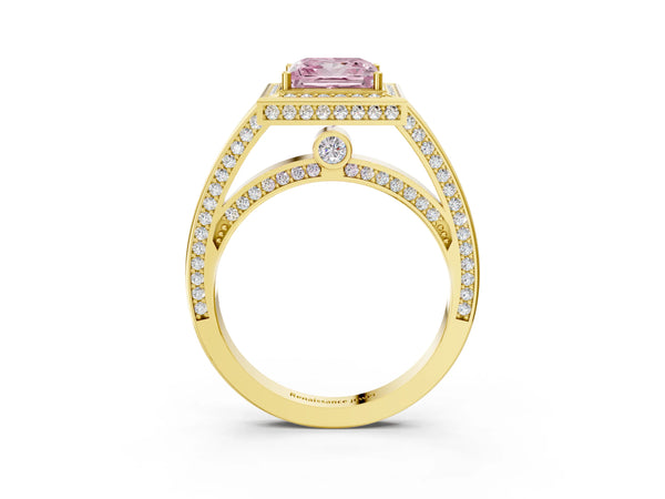 Yellow gold Fancy Pink Princess  Cut Halo Pave Split Shank Prong Setting Ring