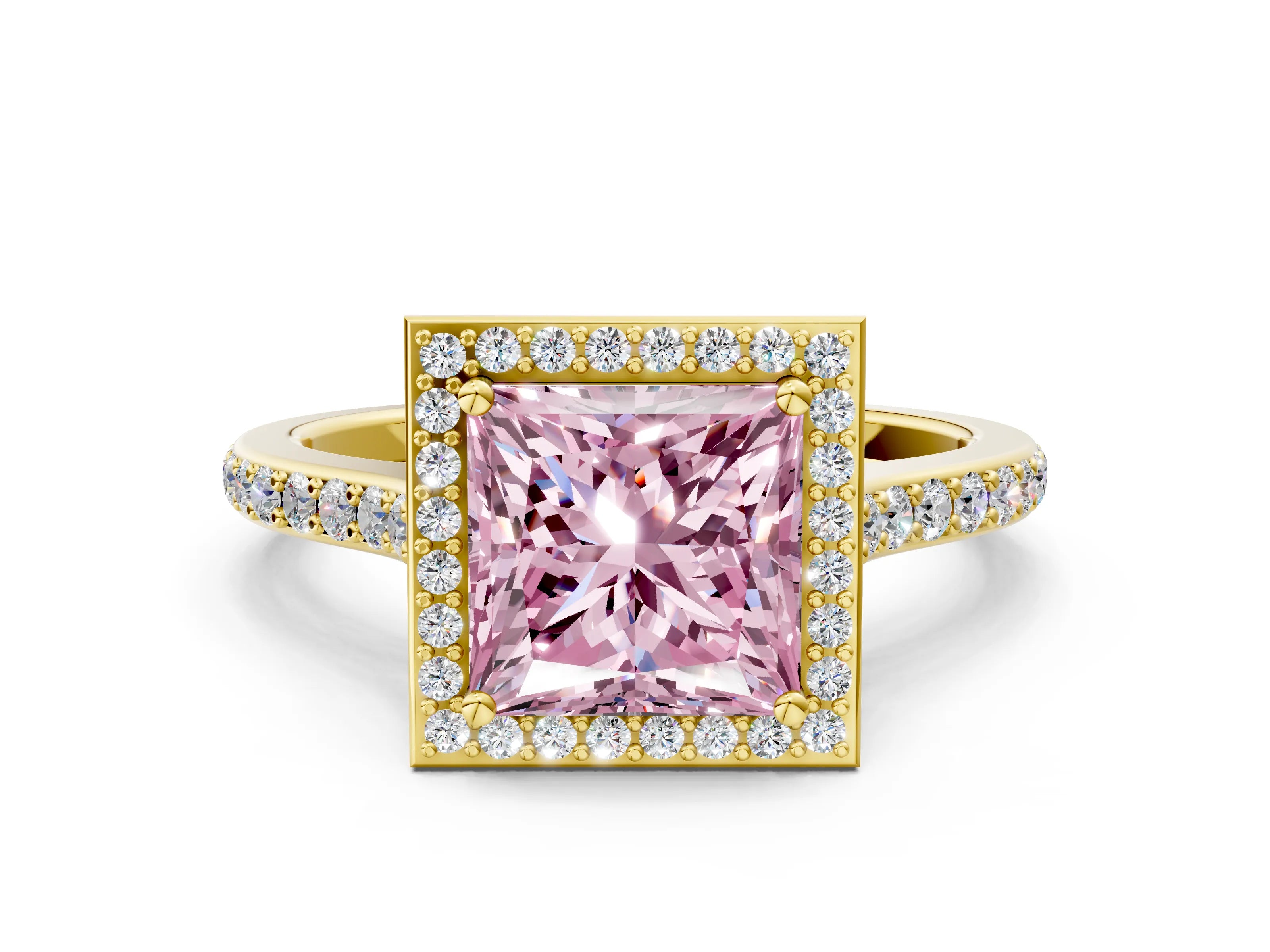 Yellow gold Fancy Pink Princess Cut Halo Round Diamond Pavé Band with Four-Prong Setting_11