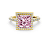 Yellow gold Fancy Pink Princess Cut Halo Round Diamond Pavé Band with Four-Prong Setting_11